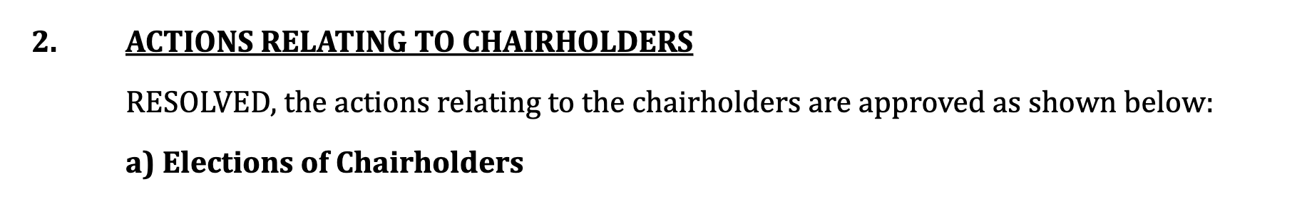 RESOLVED, the actions relating to the chairholders are approved as shown below:
